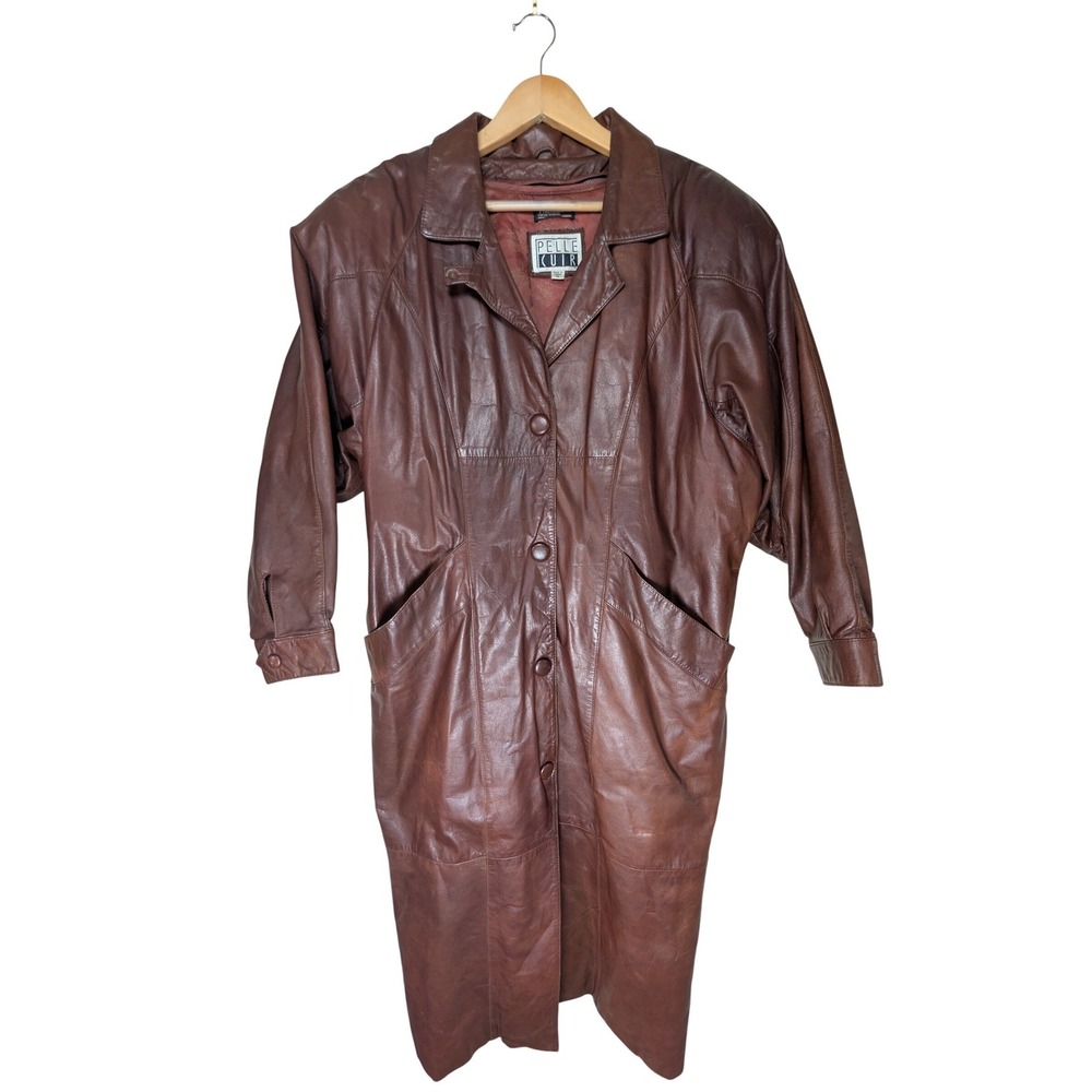 Pelle Cuir Vintage Long Leather Trench‎ Coat Womens M Brown Thinsulate 90s Mob
